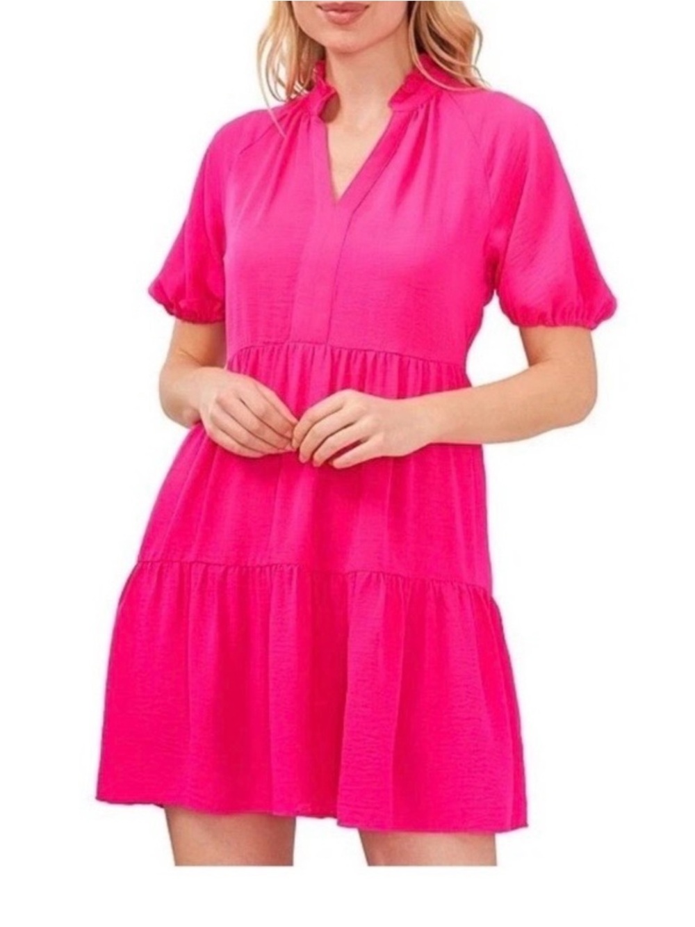 🎆 STUNNING 2X 💞 CeCe Hot Pink Fuchsia Tiered V‑Neck Mini Dress